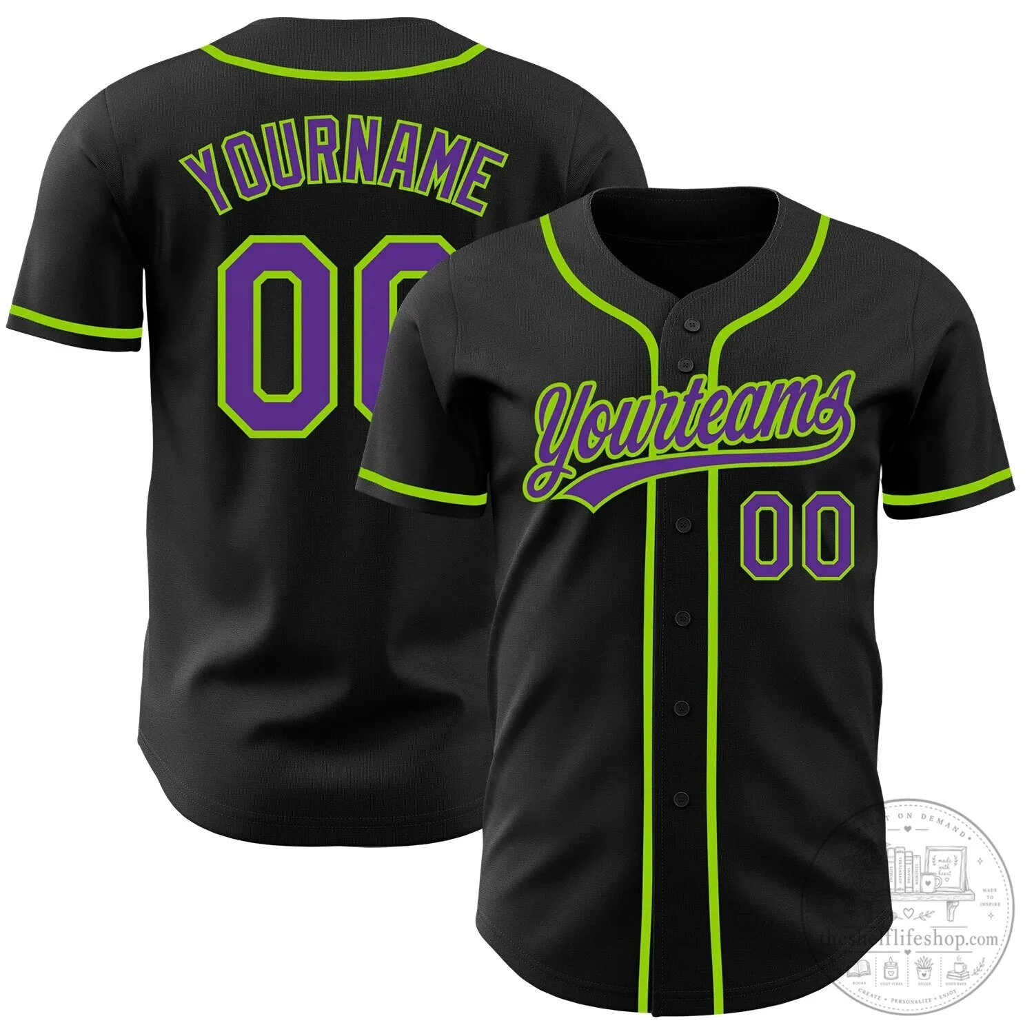 Custom Black Purple Neon Green Baseball Jersey with Personalized Name and Number 9 Custom Black Purple Neon Green Baseball Jersey with Personalized Name and Number