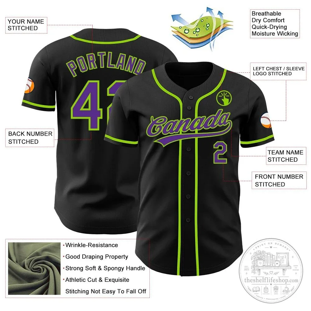 Custom Black Purple Neon Green Baseball Jersey with Personalized Name and Number 11 Custom Black Purple Neon Green Baseball Jersey with Personalized Name and Number