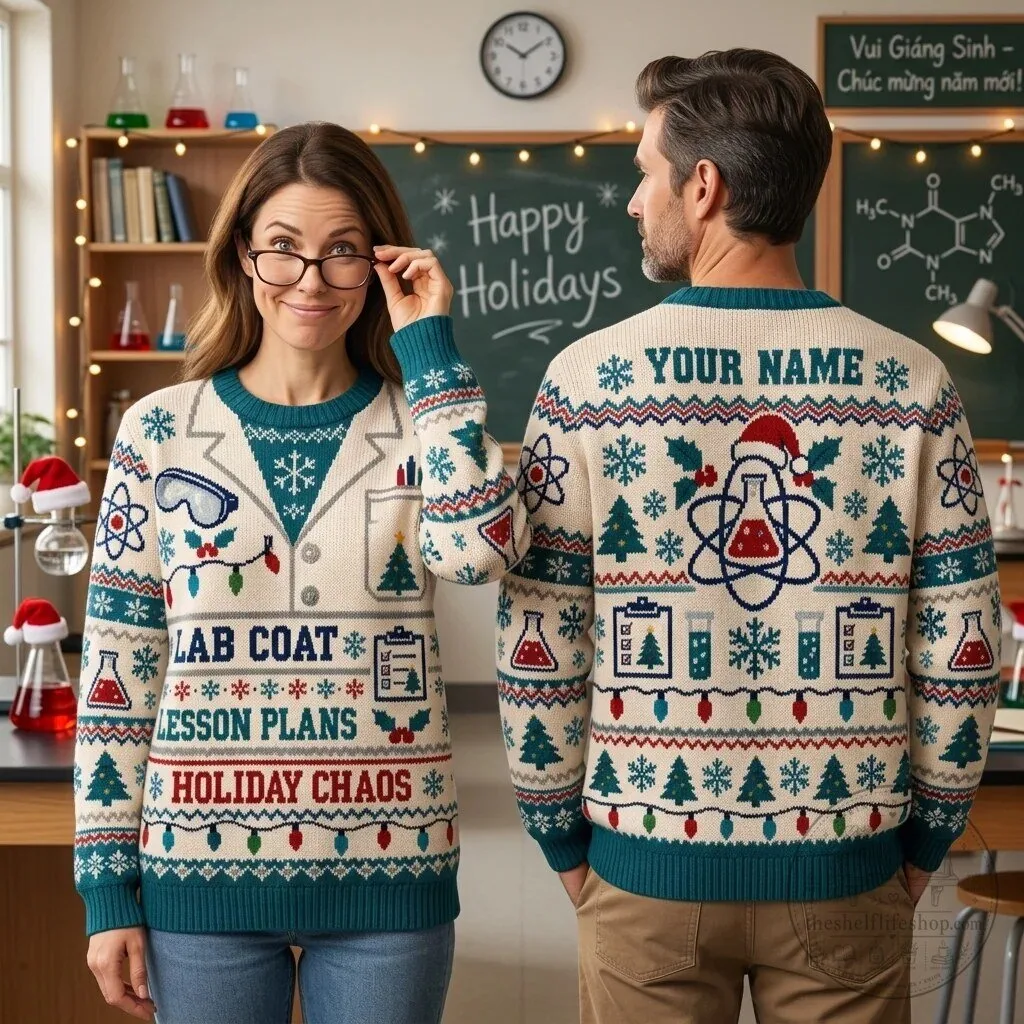 Personalized Science Teacher Holiday Lab Coat Ugly Christmas Sweater 1 Personalized Science Teacher Holiday Lab Coat Ugly Christmas Sweater