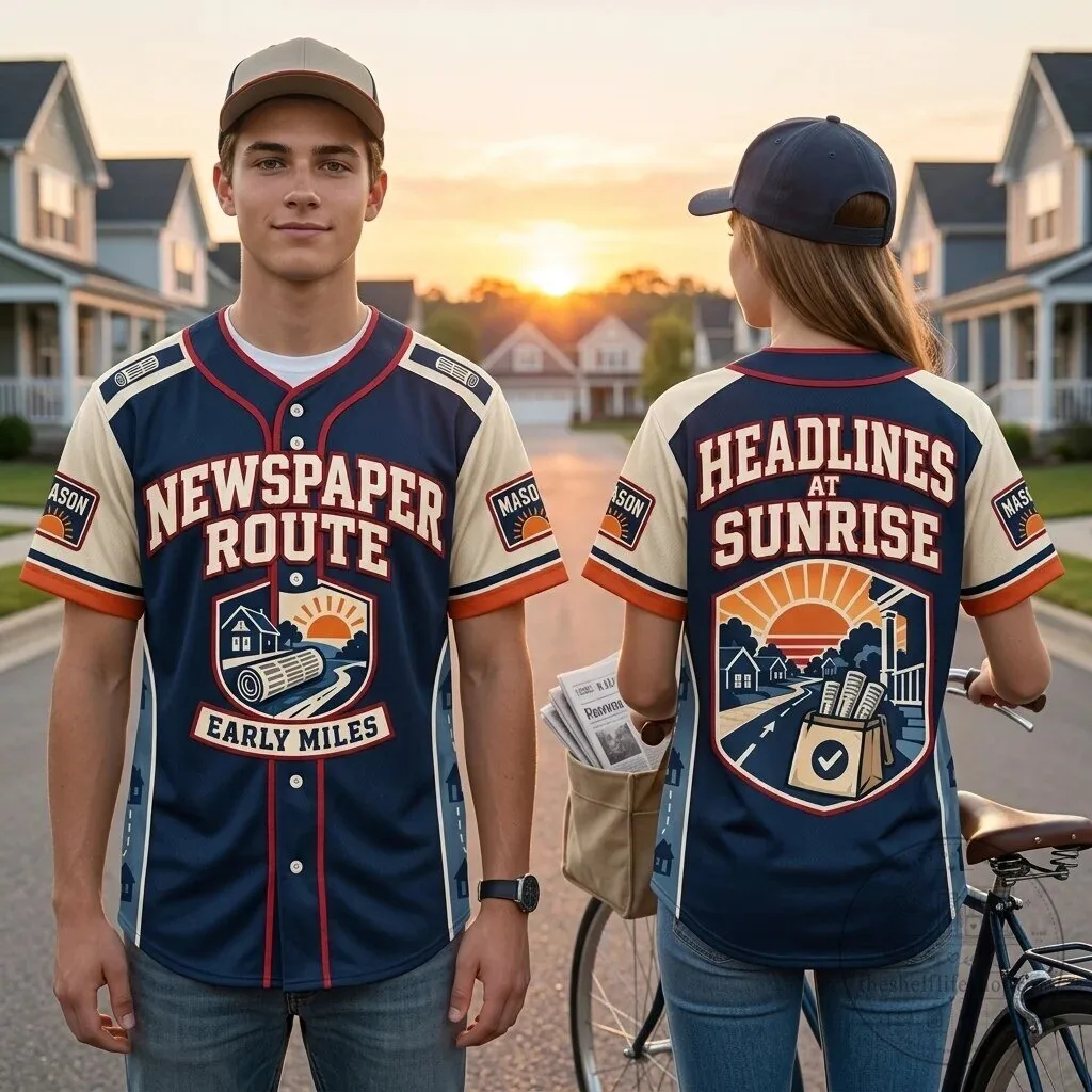 Newspaper Route Headlines at Sunrise Early Miles Delivery Uniform Baseball Jersey
