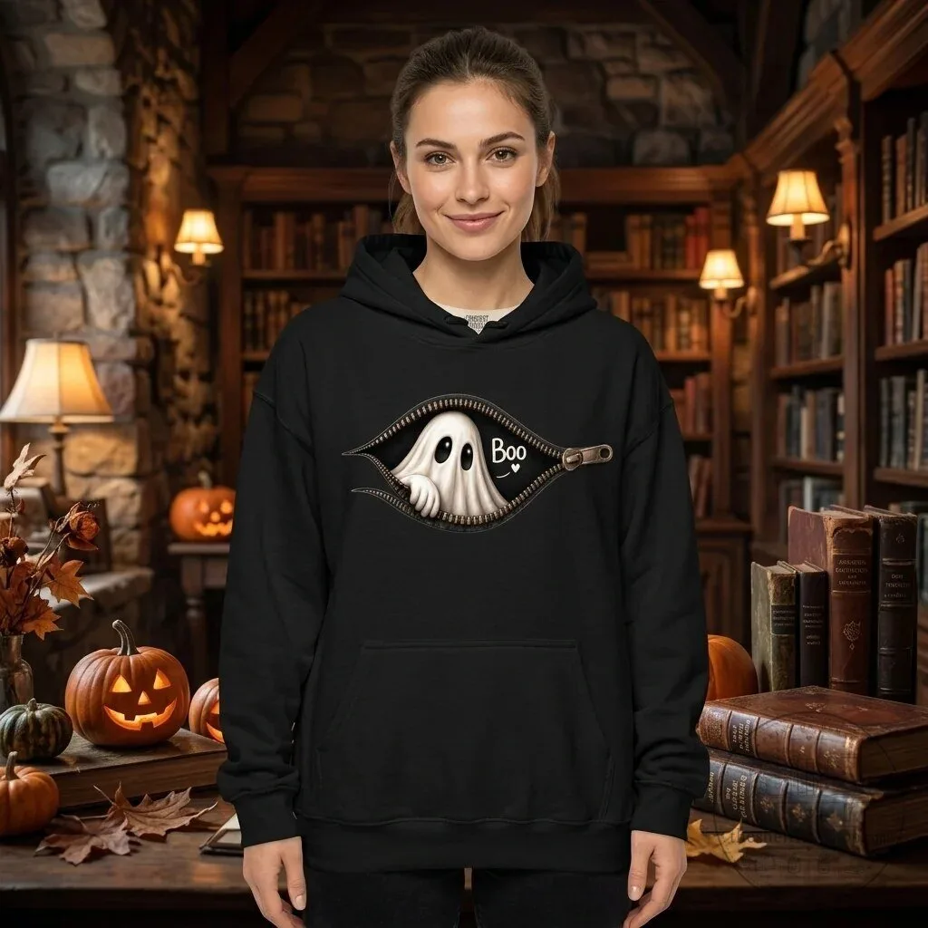 Cute Ghost Peeking Out Zipper Halloween Hoodie