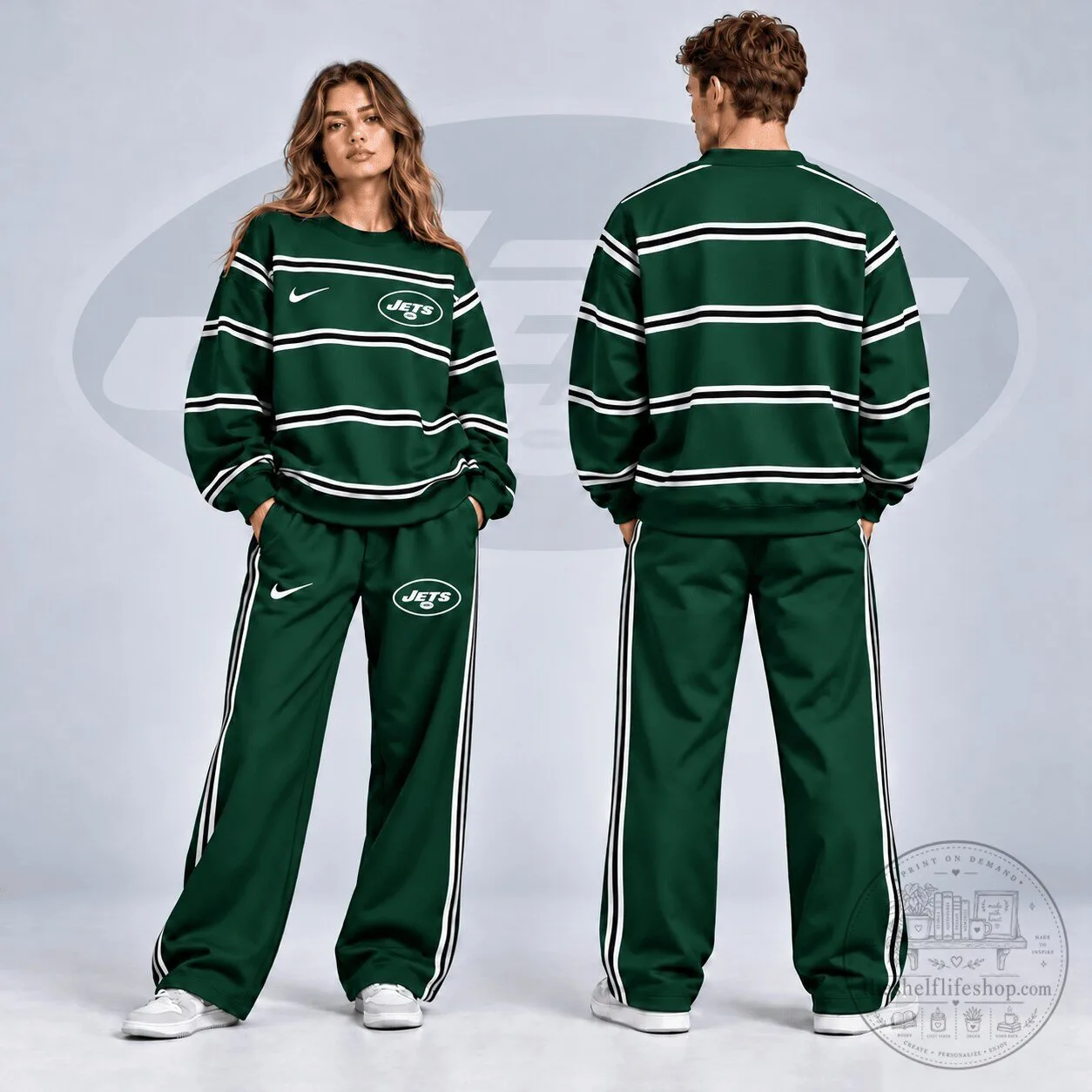 New York Jets Football Team Green Striped Crewneck Sweatshirt