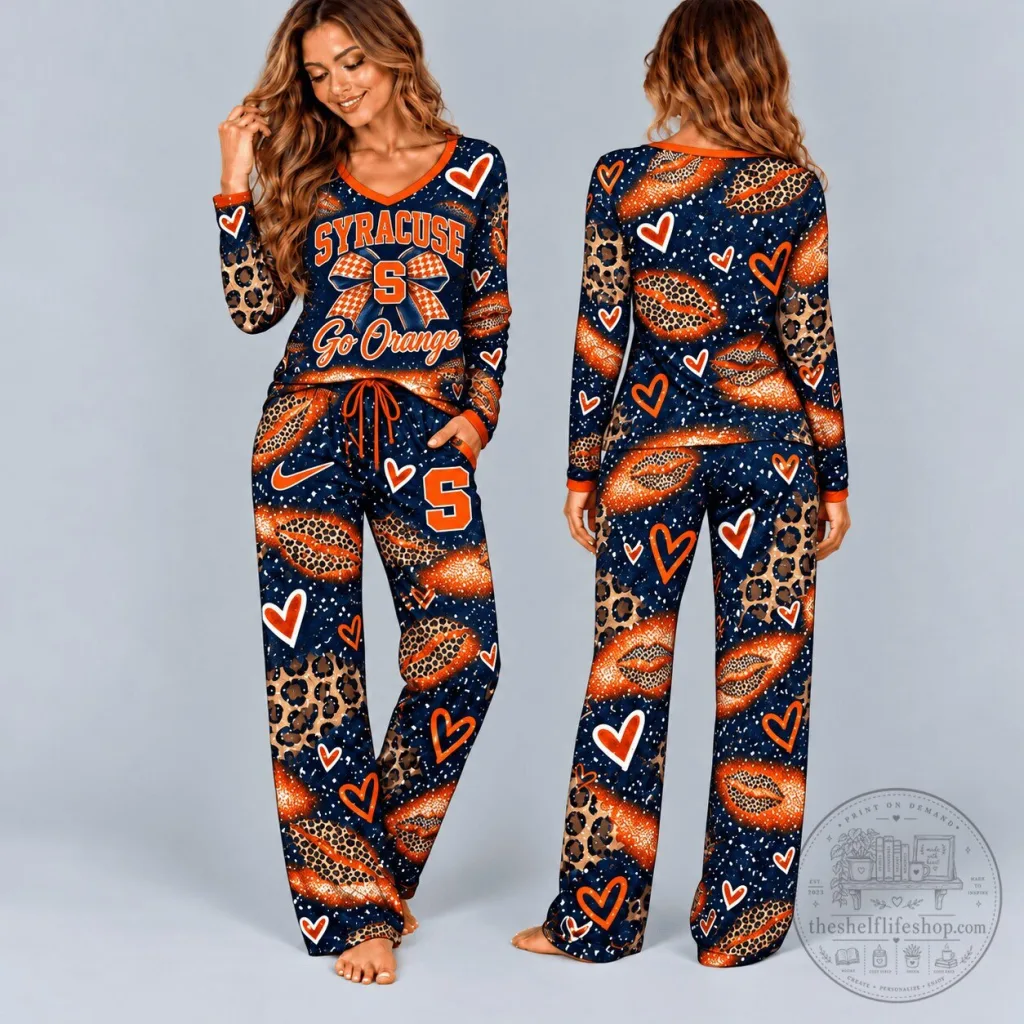 Syracuse Orange Leopard Print Heart Pattern V-Neck Long Sleeve Pajamas Set Syracuse Orange Leopard Print Heart Pattern V-Neck Long Sleeve Pajamas Set