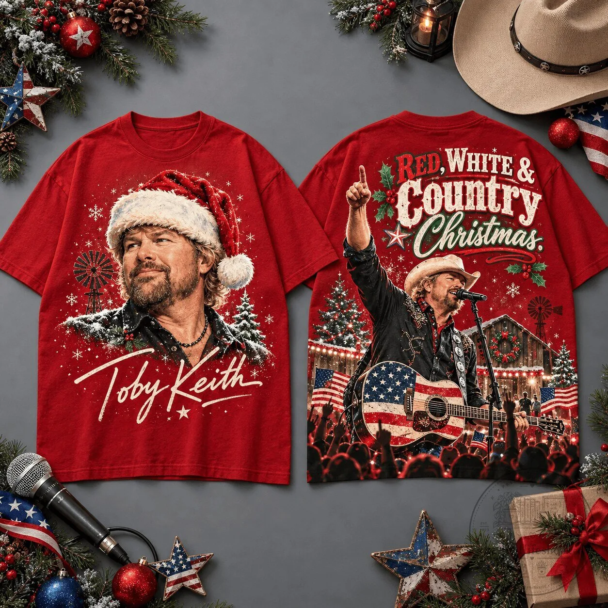 Toby Keith Red White and Country Christmas Concert Fan T-Shirt