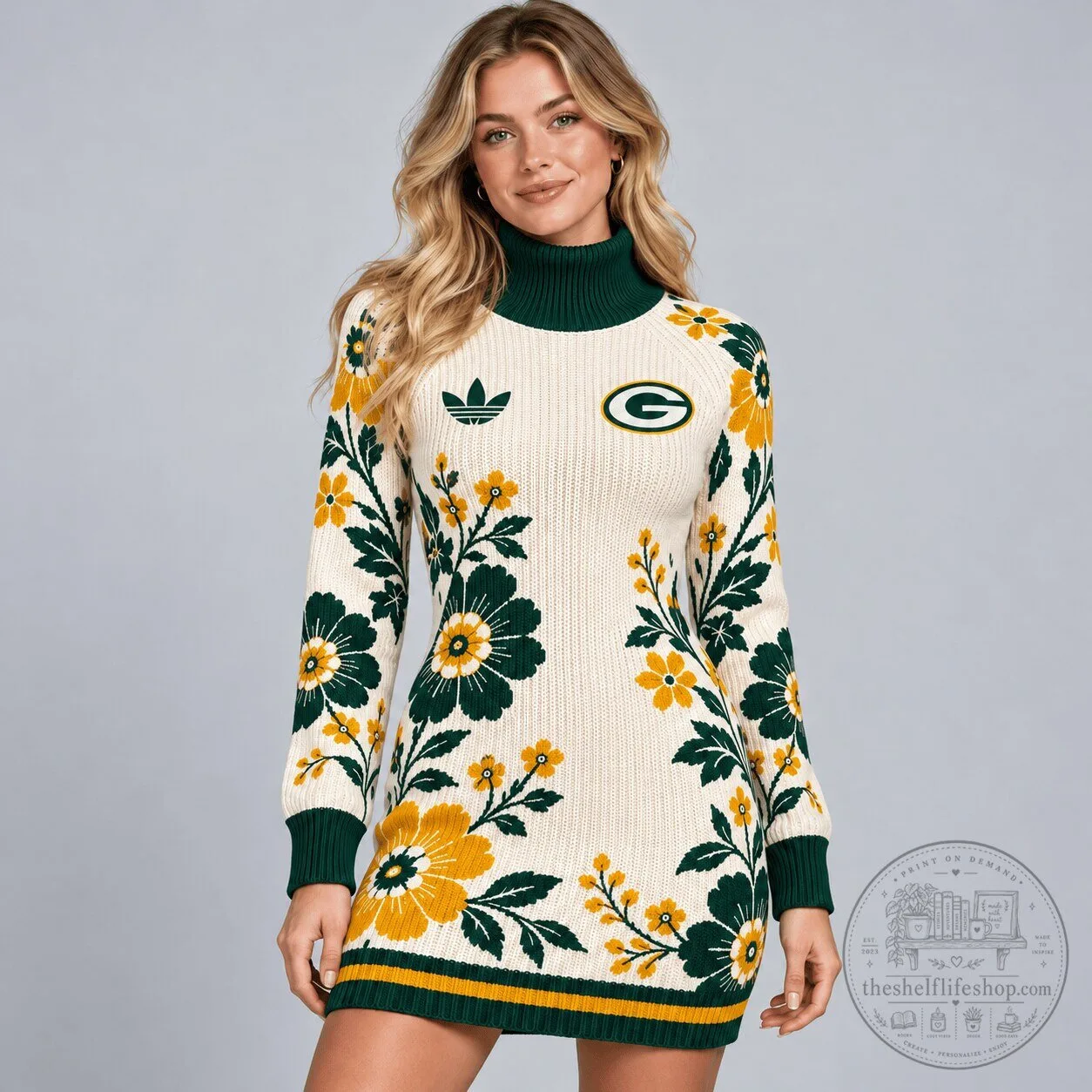 Green Bay Packers Floral Jacquard Knit Turtleneck Sweater Dress for Women