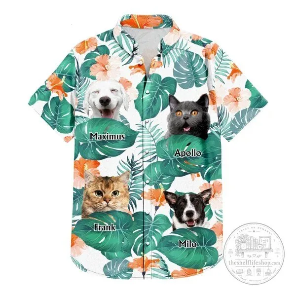 Personalized Pet Photo Tropical Leaves and Hibiscus Flowers Hawaiian Shirt 1 Personalized Pet Photo Tropical Leaves and Hibiscus Flowers Hawaiian Shirt