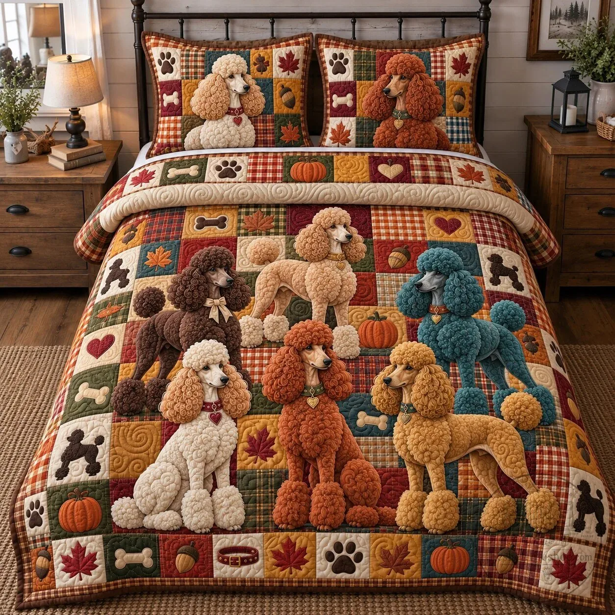 Cute Poodle Dog Patchwork Quilted Bedding Set with Pillow Shams