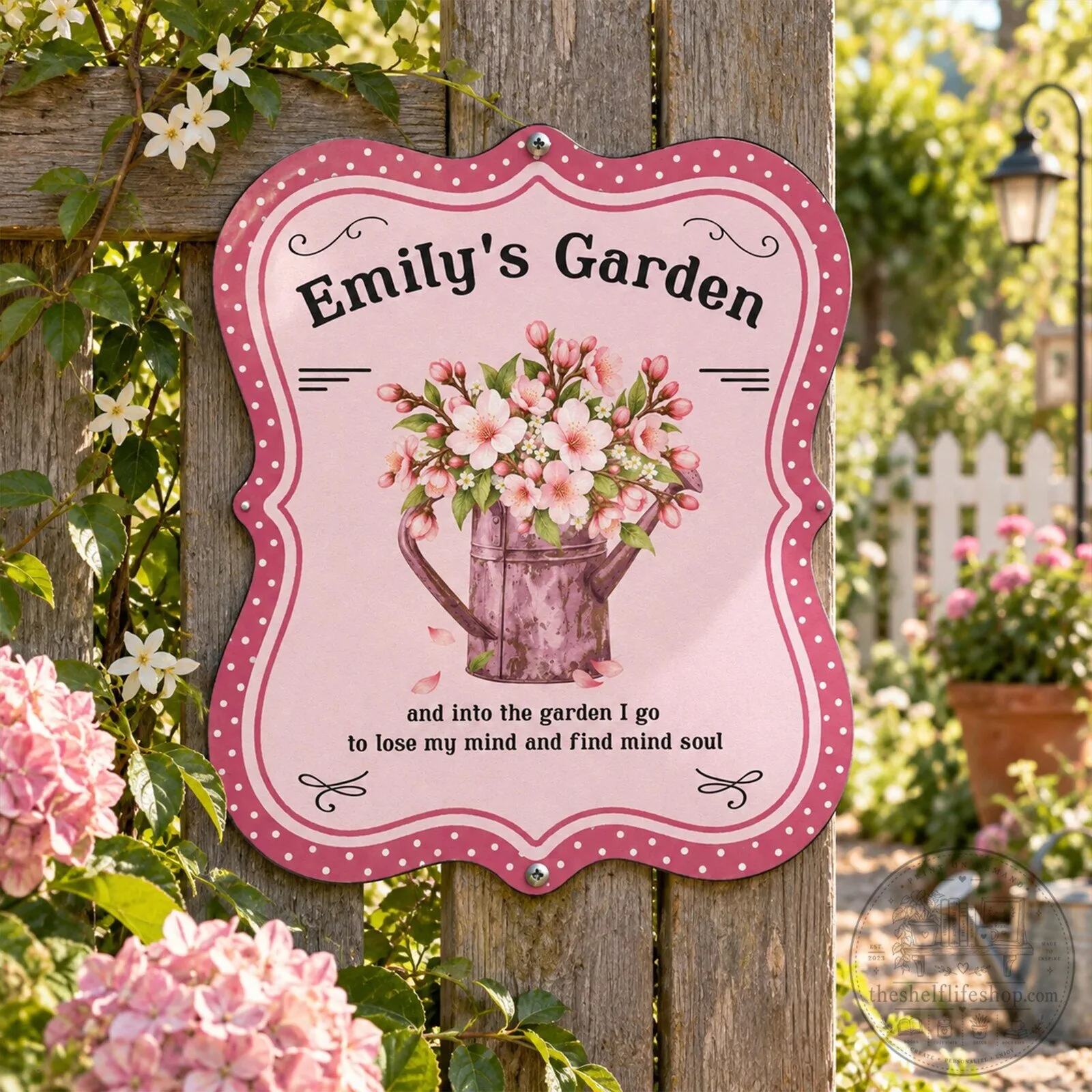 Personalized Emily's Garden Pink Floral Watering Can Metal Sign