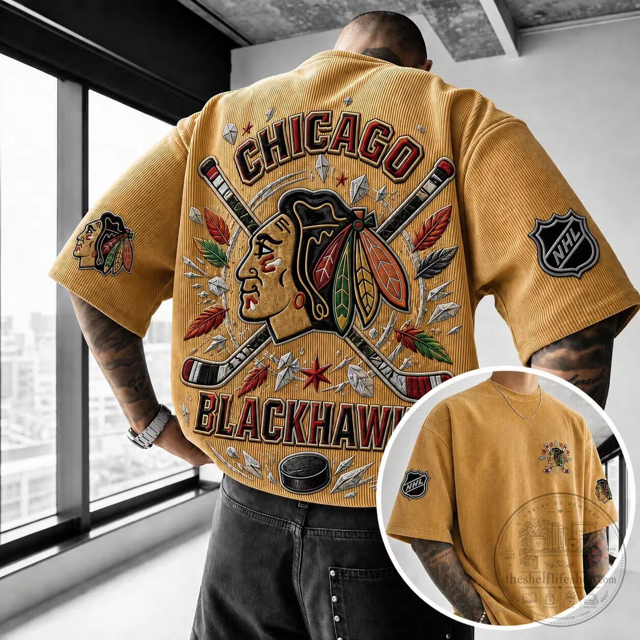 Chicago Blackhawks NHL Hockey Team Logo Corduroy Short-SSleeve T-Shirt