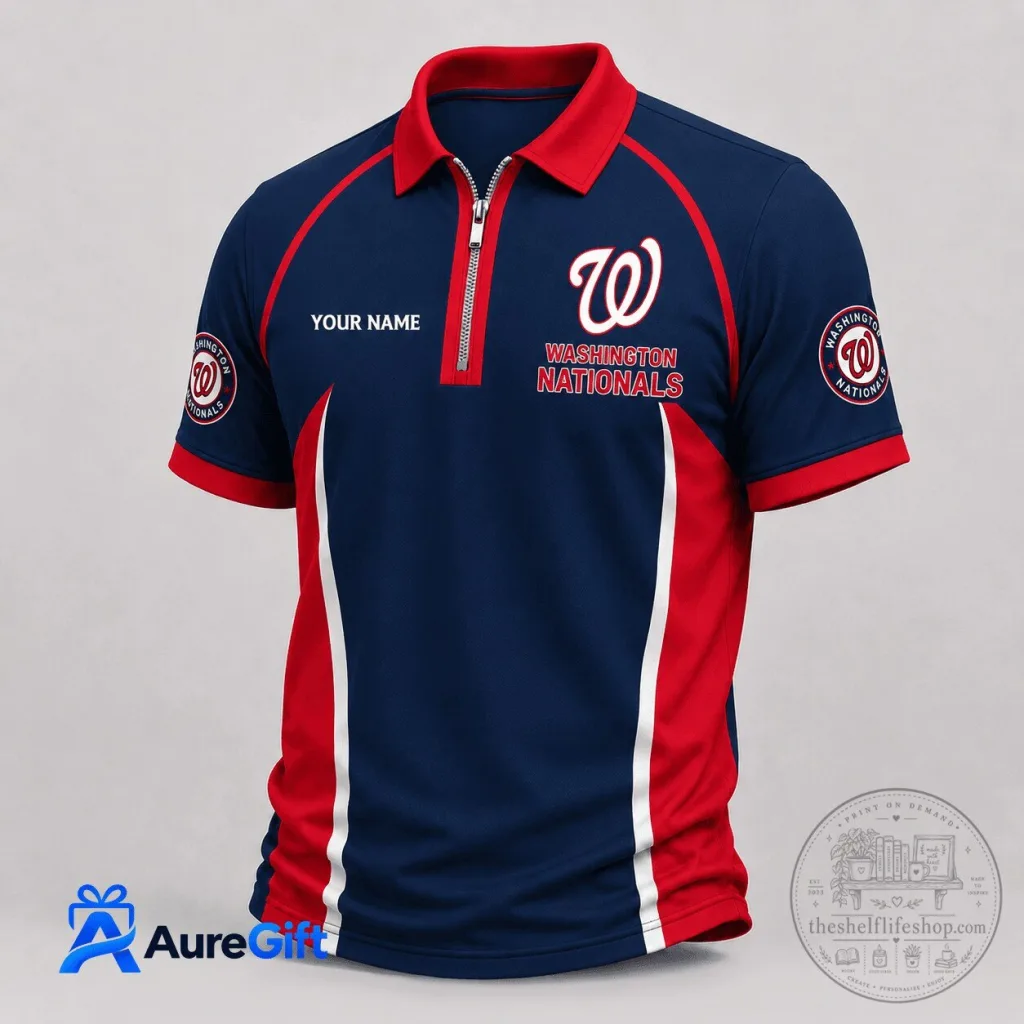 Washington Nationals MLB Baseball Team Logo Red White Blue Zipper Polo Shirt Washington Nationals MLB Baseball Team Logo Red White Blue Zipper Polo Shirt
