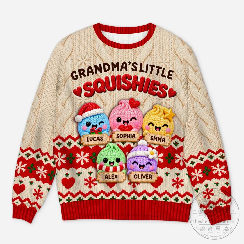 Grandma's Little Squishies Personalized Christmas Ugly Sweater with Custom Names Grandma's Little Squishies Personalized Christmas Ugly Sweater with Custom Names