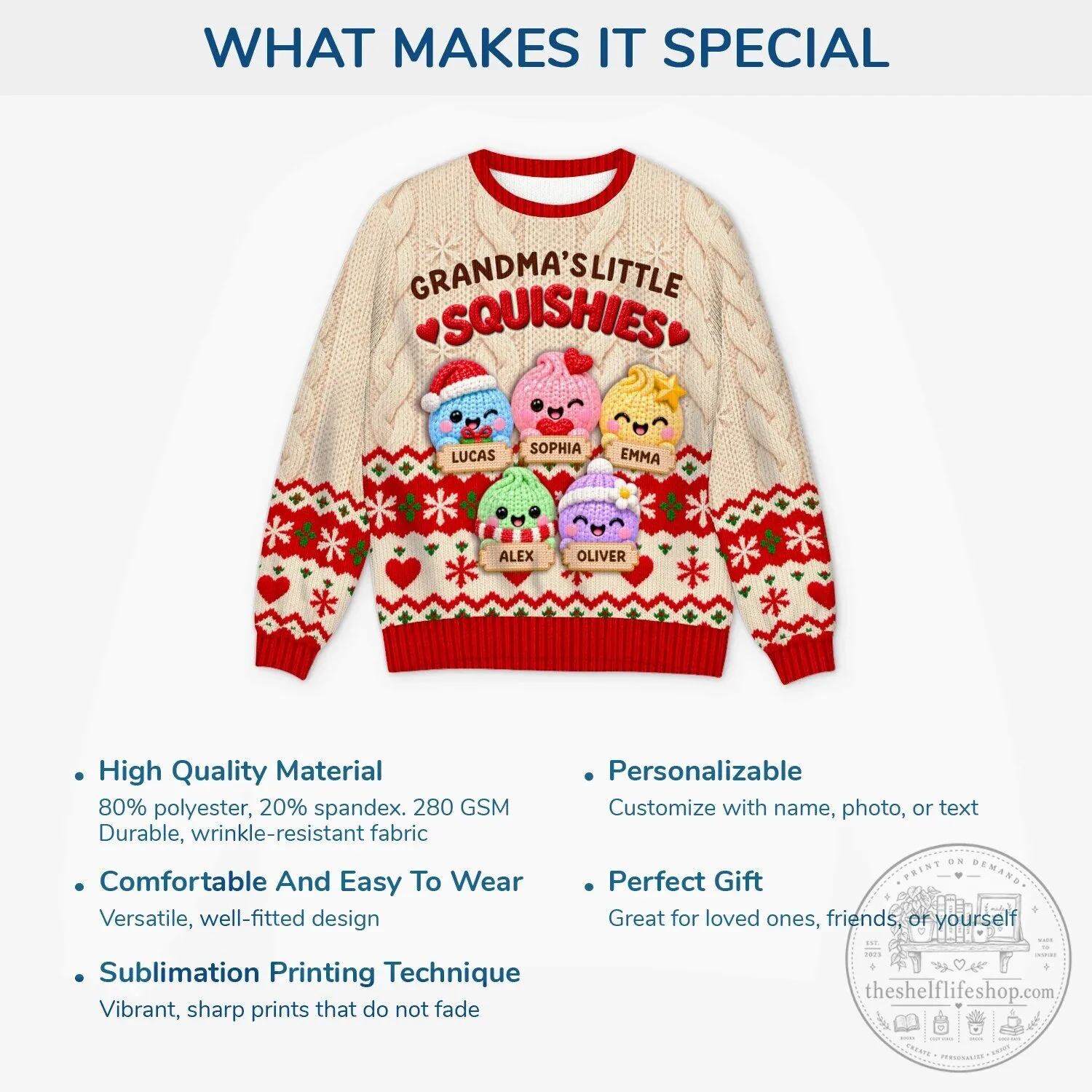 Grandma's Little Squishies Personalized Christmas Ugly Sweater with Custom Names 11 Grandma